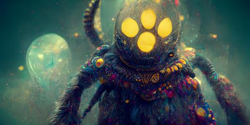 bear eagle spirit xenomorph, mystic symbols, elaborate details, action character, Into the Spider-Verse marvel character influence, Wikanda, Alphonse Mucha style reference,  spiral galaxy, infinity stones, yellow light blue colors, unreal render engine, unreal toon shader, dark bold line --stylize 12000 --ar 8:4