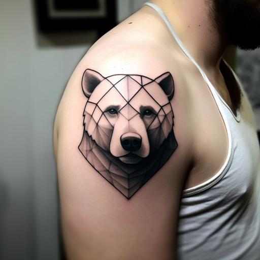 bear head tattoo where the bear is facing you as you look at it on a man's left shoulder. The man is wearing a tank top. The right side of the bear head is in a realistic sketch and the left half is a minimalist and geometric style