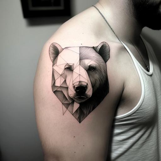 bear head tattoo where the bear is facing you as you look at it on a man's left shoulder. The man is wearing a tank top. The right side of the bear head is in a realistic sketch and the left half is a minimalist and geometric style