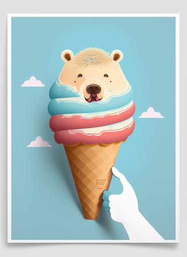 bear ice cream cone wall art, in the style of playful illustrative style, holotone printing, kimoicore, illustrative --ar 5:7