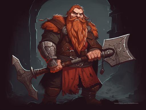 bearded dwarf holding an battle axe, red shades, cartoon art style, torbran thane of red fell --ar 4:3 --v 5