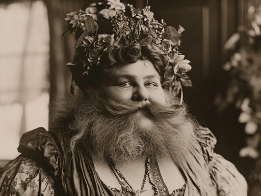 bearded lady, vaudeville era freak show, carnival freak, bushy beard on a fat woman, black and white sepia circa 1910 --ar 4:3 --v 6.0