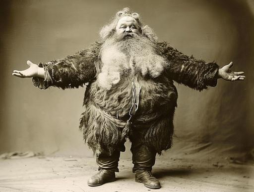 bearded lady, vaudeville era freak show, carnival freak, bushy beard on a fat woman, black and white sepia circa 1910 --ar 4:3 --v 6.0 --c 25