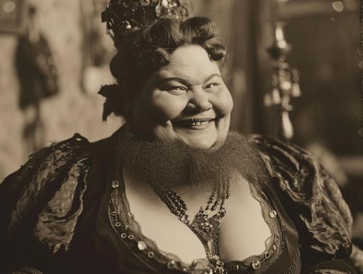 bearded lady, vaudeville era freak show, carnival freak, bushy beard on a fat woman, black and white sepia circa 1910 --ar 4:3 --v 6.0