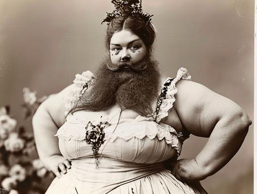 bearded lady, vaudeville era freak show, carnival freak, bushy beard on a fat woman, black and white sepia circa 1910 --ar 4:3 --v 6.0 --c 25