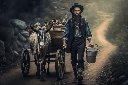 bearded mountain man from appalachia and a goat pulling a cart full of moonshine, walking along a dirt trail --ar 3:2