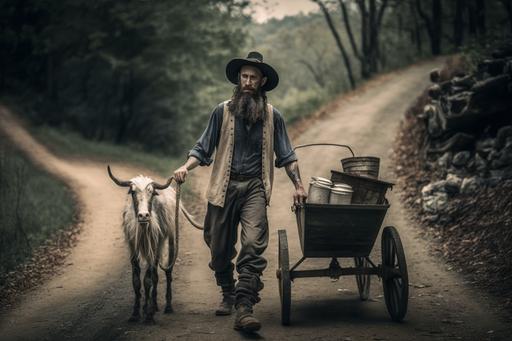 bearded mountain man from appalachia and a goat pulling a cart full of moonshine, walking along a dirt trail --ar 3:2