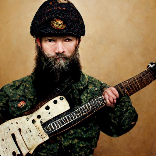 bearded russian man 40 years old camo ak74 ushanka fender stratocaster