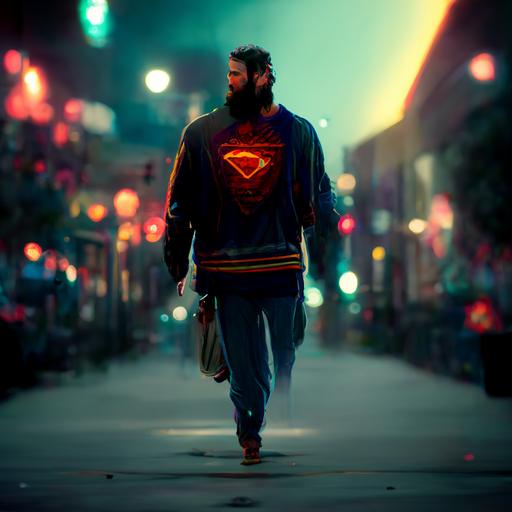 bearded superman walking down the street listening to music, 2022 aesthetic, tattooed, city lights, zack snyder style, cinematic scene, hyper realistic, photorealistic, 4k, anamorphic, lens flare, -- ar 21:9