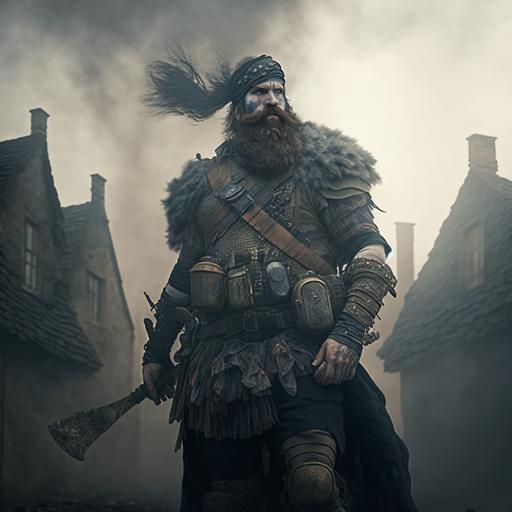 bearded tattooed scottish warrior wearing body armor holding assault rifle standing in front of destroyed buildings in fog, ultra hd, hyper realism