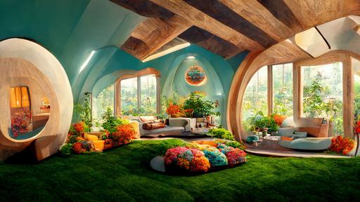 beatiful bright warm cozy house home interior with grass and vibrant flowers growing as a floor, rich, rare koa and quilted maple wood walls, and wood tall glowing bulbous wood orb ceiling with detailed arches, with many floating technicolor fluffy clouds --ar 16:9