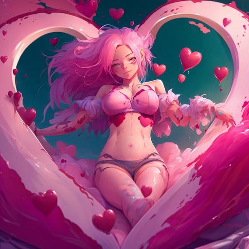 beatiful pink haired girl standing in heart shaped bed and showing their thighs,open thighs,wide thighs,massive thighs,fit body,smooth skin,valentines day themed house,bed,large splash of sticky pink liquid on the thighs,large splash of sticky pink liquid on the face,closeview of thighs,back view of thighs,thighs focus,full-length.