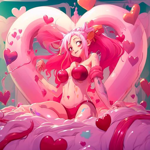 beatiful pink haired girl standing in heart shaped bed and showing their thighs,open thighs,wide thighs,massive thighs,fit body,smooth skin,valentines day themed house,bed,large splash of sticky pink liquid on the thighs,large splash of sticky pink liquid on the face,closeview of thighs,back view of thighs,thighs focus,full-length.