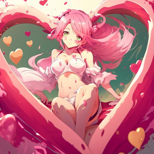 beatiful pink haired girl standing in heart shaped bed and showing their thighs,open thighs,wide thighs,massive thighs,fit body,smooth skin,valentines day themed house,bed,large splash of sticky pink liquid on the thighs,large splash of sticky pink liquid on the face,closeview of thighs,back view of thighs,thighs focus,full-length. 4k ultra realistic.