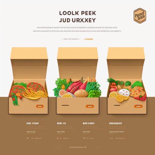 beatiful website for food delivery company, ui, ux, ui/ux,foodbox, three different box, cardboard box, delivery, food truck --v 4 --stylize 500