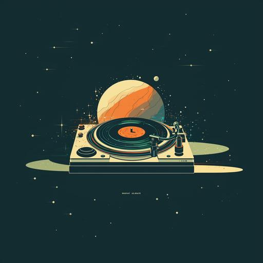 a minimalistic vintage illustration of vinyl records and dj equipment in deep space
