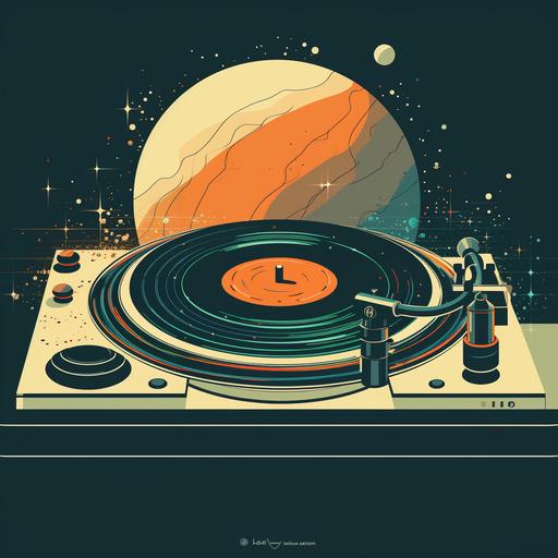 a minimalistic vintage illustration of vinyl records and dj equipment in deep space