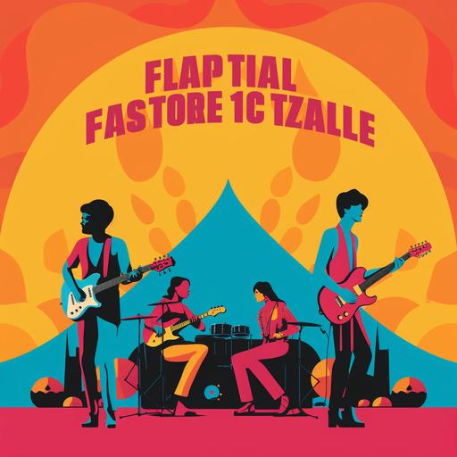 a music festival poster featuring a band playing on a stage, simple, eye catching and minimalistic colorful with 1970s and hippy vibes