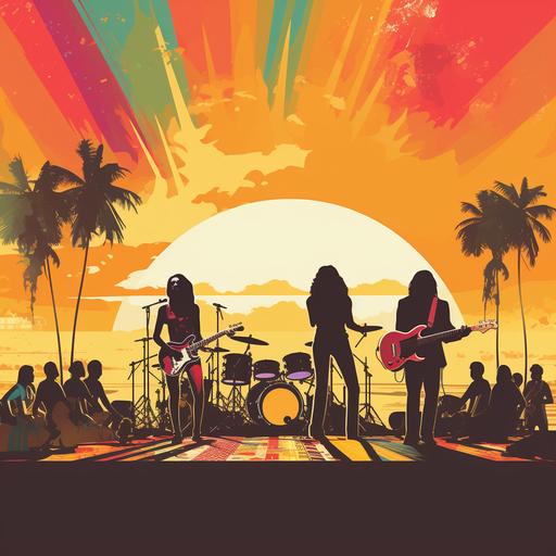 a music festival poster featuring a band playing on a stage, simple, eye catching and colorful with 1970s and hippy vibes