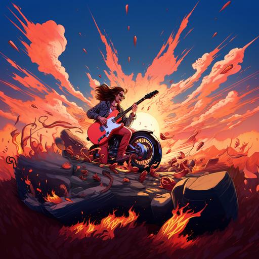 a rock n roll guitarist with long brown hair playing a red fender stratocaster riding a motorcycle on top of a mountain with vibes of victory, simple, cartoon, flames, as much rock n roll as possible