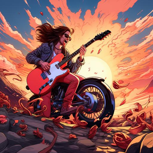 a rock n roll guitarist with long brown hair playing a red fender stratocaster riding a motorcycle on top of a mountain with vibes of victory, simple, cartoon, flames, as much rock n roll as possible
