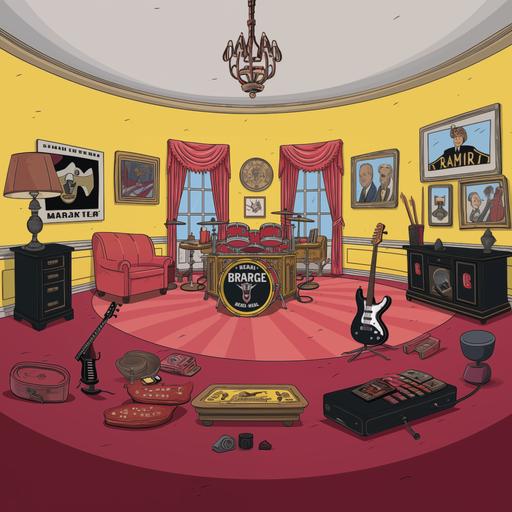 a simple cartoon drawing of the oval office with heavy metal guitars and beer
