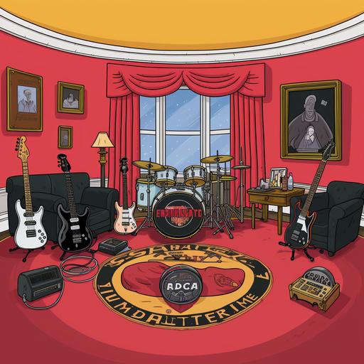 a simple cartoon drawing of the oval office with heavy metal guitars and beer
