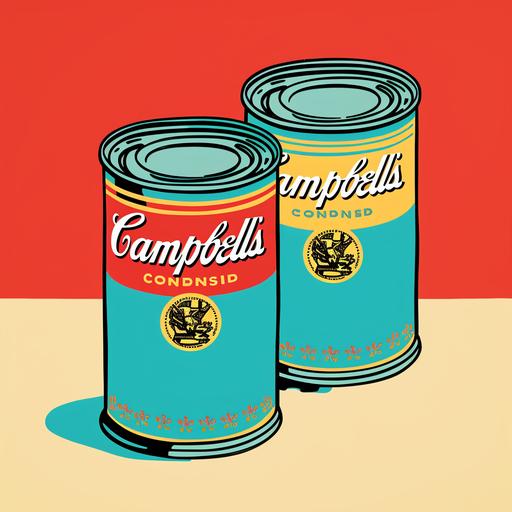 an Andy Warhol soup can with a teal baritone guitar, simple, cartoon, colorful, vibrant, 1960's