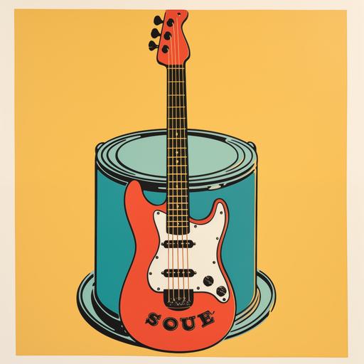 an Andy Warhol soup can with a teal baritone guitar, simple, cartoon, colorful, vibrant, 1960's