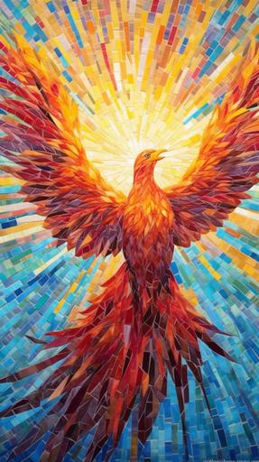colorful stained glass mosaic of a divine burning phoenix, colorful background, realistic, photography, highly detailed --ar 9:16