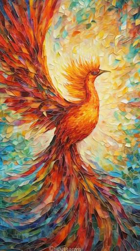 colorful stained glass mosaic of a divine burning phoenix, colorful background, realistic, photography, highly detailed --ar 9:16