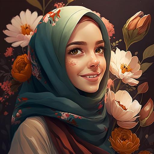 beautiful 19 year old Muslim girl in hijab, flowers, smiling,