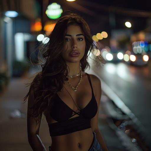 beautiful 28 year old armenian model woman. City streets at Midnight. Body like Traci Bingham. Face and hair in focus. model waist and stomach showing in frame. Hi-res 8k instagram photo. model woman in bright white light. High-key lighting photography. Strobe light photography. Even bright light on model. No colored lights on model. --style raw