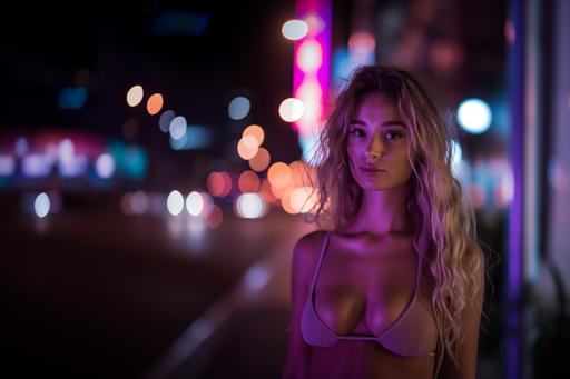 beautiful 28 year old blonde swedish model woman. City streets at Midnight. Body like Traci Bingham. Face and hair in focus. model waist and stomach showing in frame. Hi-res 8k instagram photo. model woman in bright white light. High-key lighting photography. Strobe light photography. Even bright light on model. No colored lights on model. --style raw --ar 3:2 --v 6.0