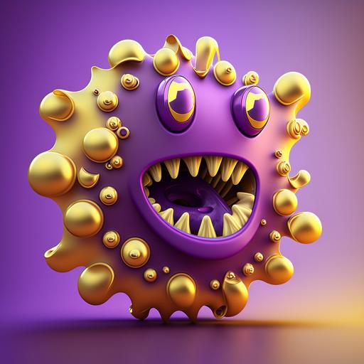 beautiful 3d logo, Smiling cartoon Purple bacteria, maximum detail, than Diamond gold psy background