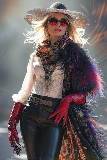 beautiful 40 year blond woman after a shopping spree wearing a fancy white shirt, black pants, fancy fur coat, Burberry scarf, red leather gloves, Gucci Sunglasses on the forehead, large hat, jewelry, expensive hand bag, boots, character from head to toes, photoshoot, outside, afternoon light --ar 2:3 --v 6.0
