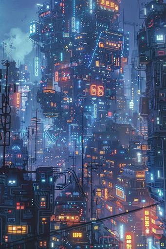 beautiful 8-bit picture, enormous brightly lit screen looms ominously over the city playing the (asteroids) video game, blue hour, golden ratio, in Japanese urban landscape, dense city background, glowing windows, in the style of postmodern briccolage, atmospheric, epic, bit art, breathtaking, vintage video game, 1980s, old school home computer, 0.5 giant robot, 2k resolution, octane render, low definition, 8-bit, pixelart, --v 6.0 --ar 2:3