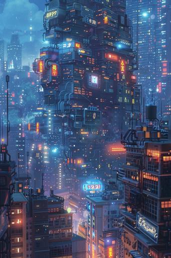 beautiful 8-bit picture, enormous brightly lit screen looms ominously over the city playing the (asteroids) video game, blue hour, golden ratio, in Japanese urban landscape, dense city background, glowing windows, in the style of postmodern briccolage, atmospheric, epic, bit art, breathtaking, vintage video game, 1980s, old school home computer, 0.5 giant robot, 2k resolution, octane render, low definition, 8-bit, pixelart, --v 6.0 --ar 2:3