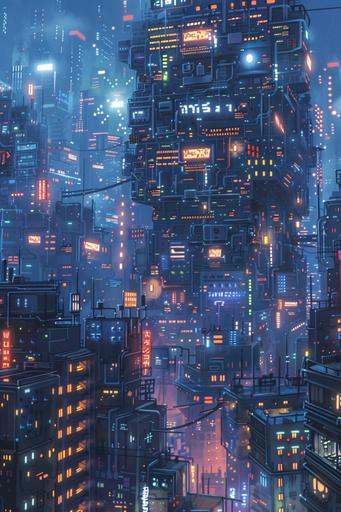 beautiful 8-bit picture, enormous brightly lit screen looms ominously over the city playing the (asteroids) video game, blue hour, golden ratio, in Japanese urban landscape, dense city background, glowing windows, in the style of postmodern briccolage, atmospheric, epic, bit art, breathtaking, vintage video game, 1980s, old school home computer, 0.5 giant robot, 2k resolution, octane render, low definition, 8-bit, pixelart, --v 6.0 --ar 2:3