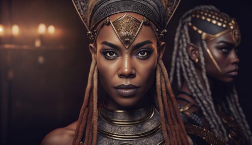 beautiful Beyonce looking black women, fierce, Warrior Queen, standing by African warrior beautiful female warriors, dressed in warrior authentic African queen attire, symmetric large tender brown eyes, Brown skinned beautiful women, Excessive detail, Accent light, portrait Photography, Depth of Field, hyper-detailed, insane details, intricate details, beautifully color graded, Photoshoot, 32k, Super-Resolution, Megapixel, Pro Photo RGB, Natural Lighting, Incandescent, Moody Lighting, Cinematic Lighting, Studio Lighting, Soft Lighting, Beautiful Lighting, highly detailed and realistic, photo real, cinematography, hyper detailed, absolute realism, cinematic scene cinematic lighting, hyper resolution, Perfectionism, angelical, elegant, concept art, ultra-detailed, hypermaximalist --v 4 --q 2 --ar 16:9