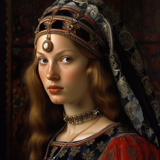 beautiful Caterina Sforza close up nice body and looking at straight you ( in 14th century) by art frahm