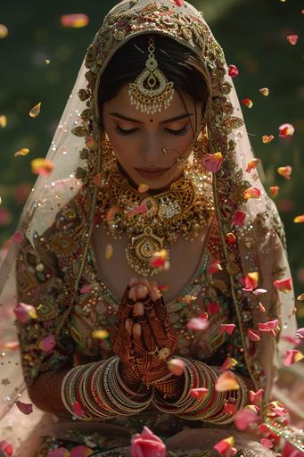 beautiful Indian bride, opulent wedding gown, small grains of Pilaf and colorful rose petals scattered across the ground, henna on hands, ornate, sensual, 8k, cinematic lighting, photorealistic, professional portrait, extremely detailed, in the style of Tarsem Singh, full length. Hyper realistic camera setup. Camera: Contax 645, Kodak Portra 160vc, 135mm lens f/11, --ar 2:3