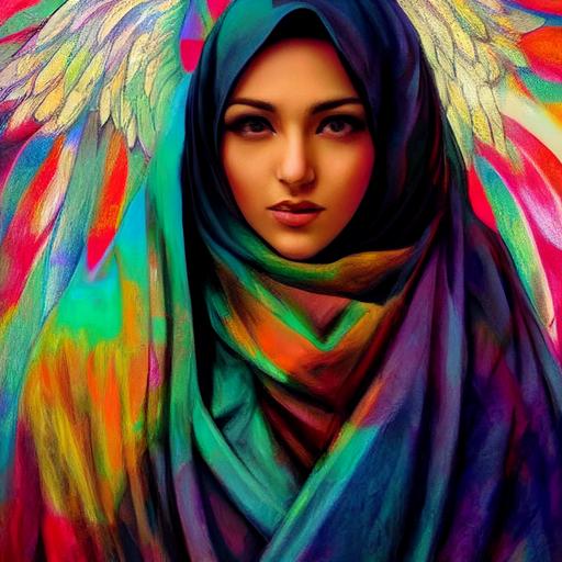 beautiful Iranian woman, removing hijab, angel wings, protesting; vibrant colors. --test --creative --upbeta --upbeta