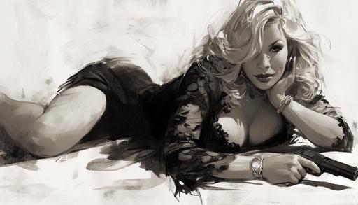 beautiful Jennifer Coolidge, lying on one's stomach, with a gun, mid-century modern novel, noir, halftone, totally on ease, femme fatale, lovely V lace dress outfit, relaxed, high, dope, hustler, bold sensual pose, shades of black and white, ink draw, sin city style by Frank Miller and Helmut Newton, pulp fiction cover --ar 7:4 --niji 6