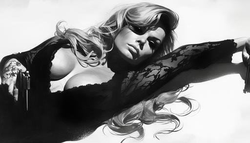beautiful Jennifer Coolidge, lying on one's stomach, with a gun, mid-century modern novel, noir, halftone, totally on ease, femme fatale, lovely V lace dress outfit, relaxed, high, dope, hustler, bold sensual pose, shades of black and white, ink draw, sin city style by Frank Miller and Helmut Newton, pulp fiction cover --niji 6 --ar 7:4