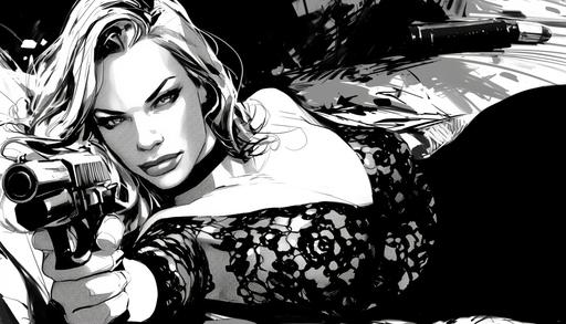 beautiful Jennifer Coolidge, lying on one's stomach, with a gun, mid-century modern novel, noir, halftone, totally on ease, femme fatale, lovely V lace dress outfit, relaxed, high, dope, hustler, bold sensual pose, shades of black and white, ink draw, sin city style by Frank Miller and Helmut Newton, pulp fiction cover --ar 7:4 --niji 6