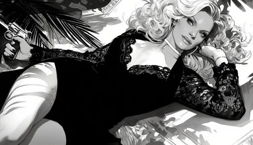 beautiful Jennifer Coolidge, lying on one's stomach, with a gun, mid-century modern novel, noir, halftone, totally on ease, femme fatale, lovely V lace art deco clothing dress outfit, relaxed, high, dope, hustler, bold sensual pose, shades of black and white, ink draw, sin city style by Frank Miller and Helmut Newton, pulp fiction cover --ar 7:4 --niji 6