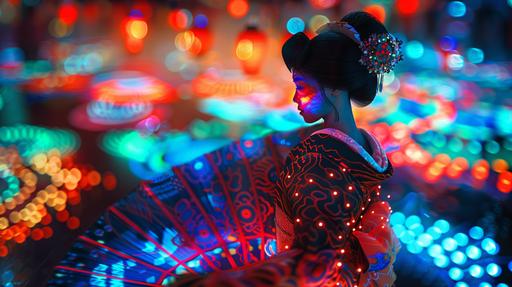 beautiful Samurai woman covered from head to tow in lite-brite, in a dance hall mood, crop circles, tilt shift photography --ar 16:9 --v 6.0
