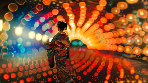 beautiful Samurai woman covered from head to tow in lite-brite, in a dance hall mood, crop circles, tilt shift photography --ar 16:9 --v 6.0