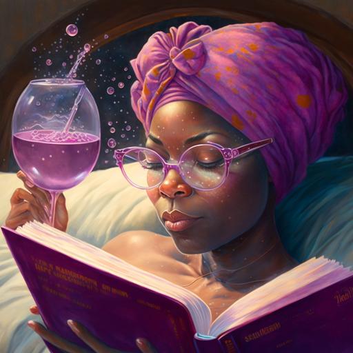 beautiful african american woman, relaxing in a purple-marbled stone bathtub with lots of bubbles, colorful head wrap on her head, sipping a glas of wine, reading a book, cat is sitting in the window, pink towel on the floor --v 4 --s 250 --uplight